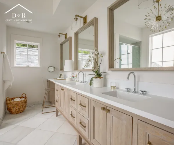 A close-up view of a newly renovated bathroom vanity area