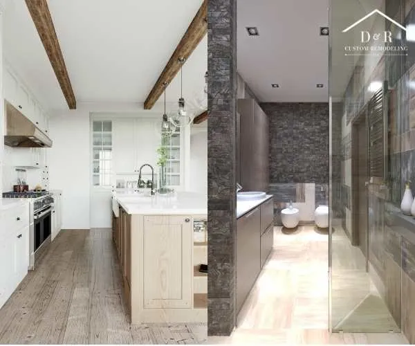 view displaying a modern kitchen with alongside a sleek grey-tiled bathroom space