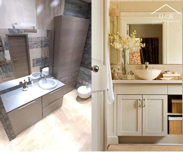 view displaying a modern kitchen with alongside a sleek grey-tiled bathroom space